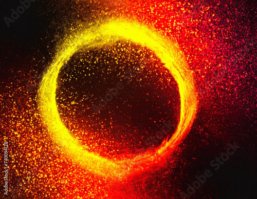 Glowing burning ring dark background grainy gradient orange red yellow black noise texture banner abstract background