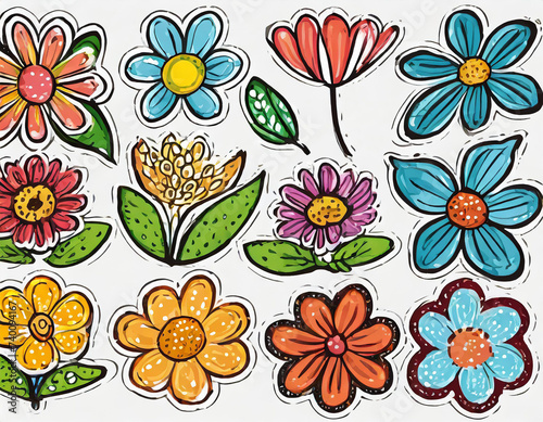 hand drawing cartoon flower sticker set