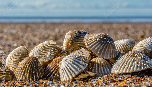 Mass of Razor shells (Ensis siliqua) washed up on Titchwell beach, Norfolk, England, UK. March. photo