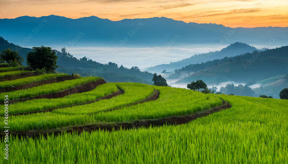 rice field curve terraces at sunrise time, the natural background of nature Asia, rice paddy field in the mountain with fog at sunrise rice field curve terraces at sunrise time, the natural background of nature Asia, rice paddy field in the mountain with fog at sunrise