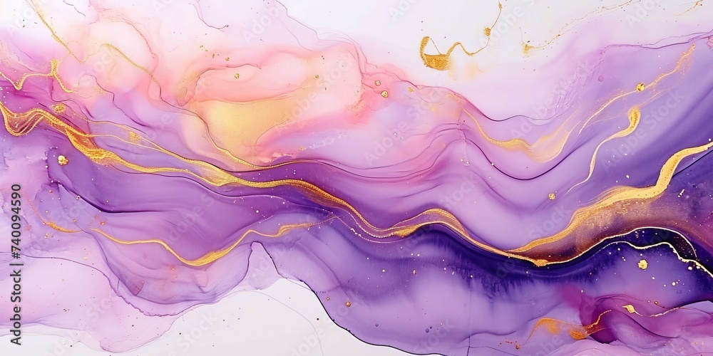 Abstract watercolor paint background illustration - Pink purple color and golden lines, with liquid fluid marbled swirl waves texture banner texture, Generative AI