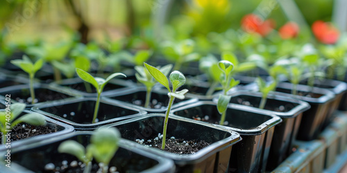 young seedlings in black containers against the background of a spring garden