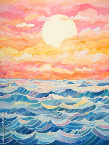 A colorful painting capturing a vivid sunset over the ocean, with warm hues reflecting off the water as the sun dips below the horizon.