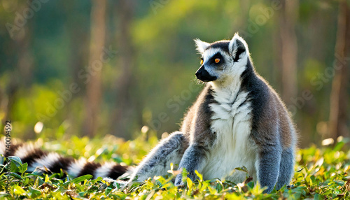 Ring-tailed lemurs (Lemur catta) back lit and sun bathing at first light. Berenty Private Reserve, southern Madagascar. photo
