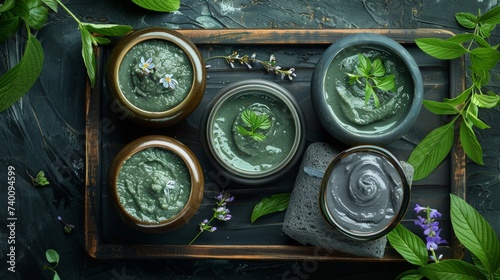 A bowl of green clay powder for spa treatments on a natural background with herbs and flowers. AI photo