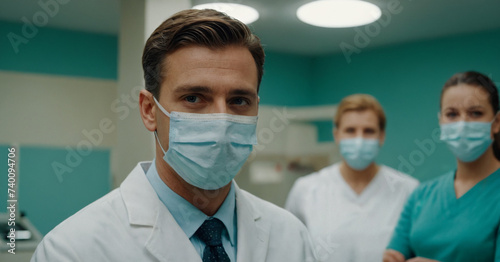 
doctor in white coat and mask inside the room with 2 assistants.