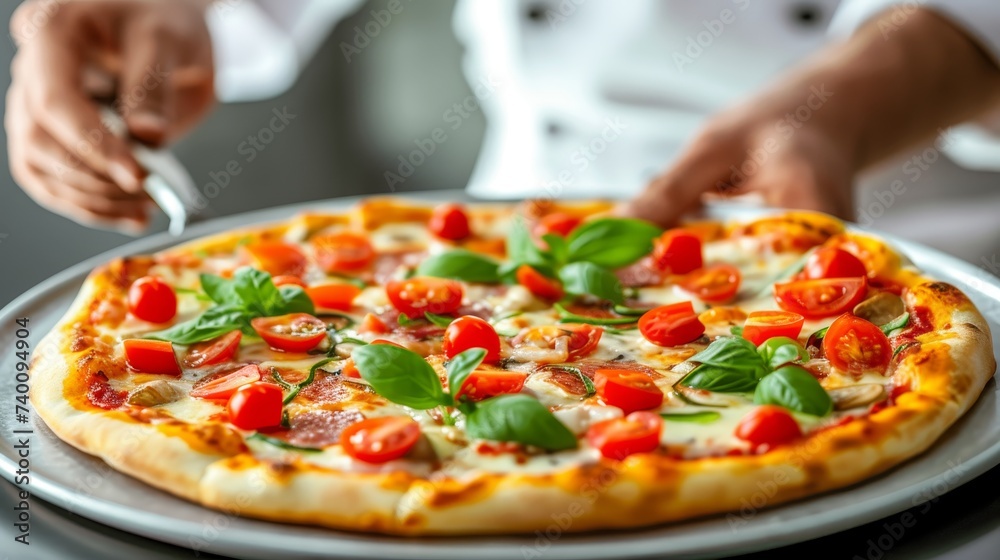 Skilled chef preparing pizza with fresh ingredients in modern restaurant kitchen