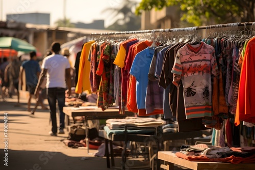 Street market features an abundance of clothing options. Concept Clothing varieties, Bargain shopping, Street fashion, Style trends, Local vendors
