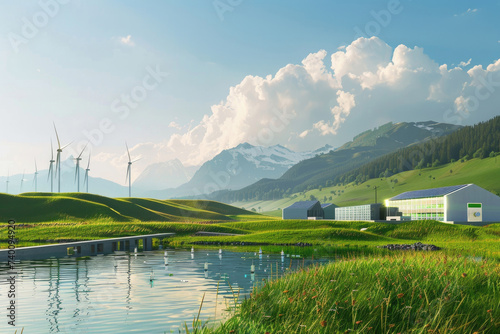 A serene landscape with renewable energy installations powered by green hydrogen