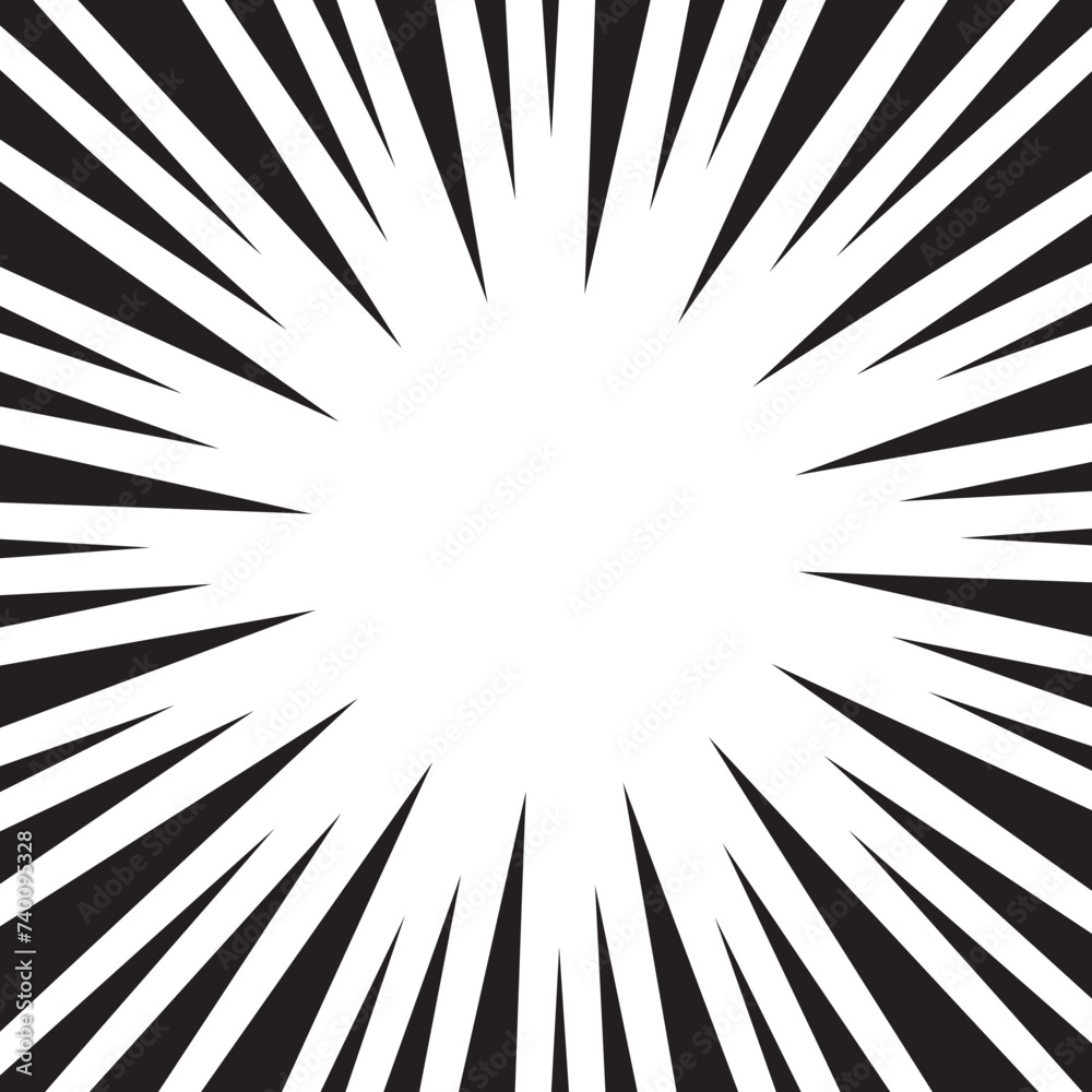 Comic burst background. Halftone effect. Abstract radial, convergent lines. Explosion, radiation, zoom, visual effect. Sun or star rays for Comic Books in pop art style.	