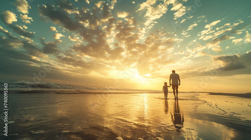 Dad and kid hand in hand walking together on beach during sunset time, beautiful sky golder hour sunlight in nature photo