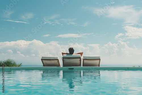 A minimalist shot of a person resting on a comfortable outdoor lounger by a pool, enjoying a siesta in a serene resort setting, minimalistic style,