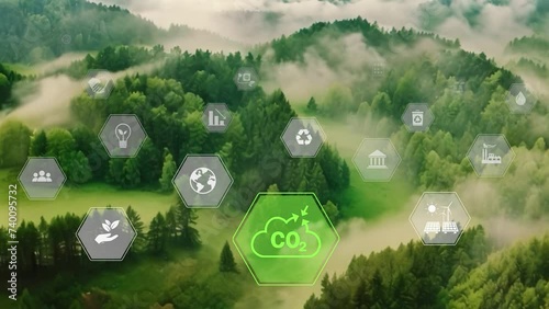 CO2 reduce.Net zero. Net zero emission ,2050, carbon neutral concept.Greenhouse gas emissions target. Climate neutral long term strategy 2050 with net zero icons on green forest landscape background.4