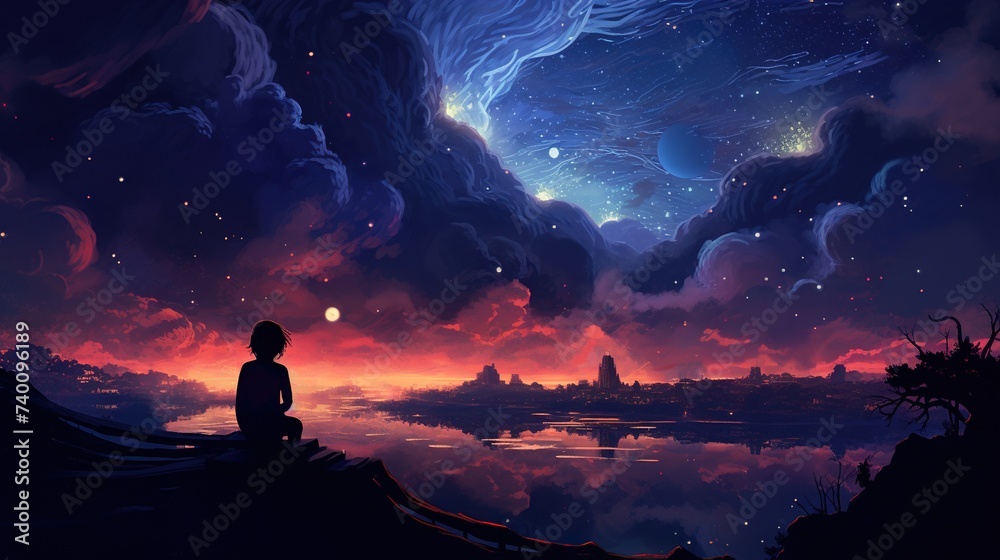 Silhoette of a girl overlooking a city at sunset, blue and red wallpaper Silhoette of a girl overlooking a city at sunset, blue and red wallpaper