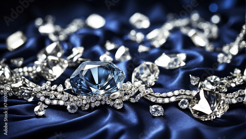 Shiny diamonds brilliants gemstones on navy blue fabric wavy background. Luxury Diamonds crystals and silk satin fabric texture background.