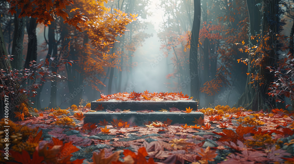 A mystical stone platform in a forest setting with autumn leaves gently falling around, perfect for seasonal themes.