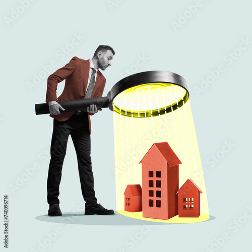 A businessman with a large magnifying glass examines the houses. Art collage.