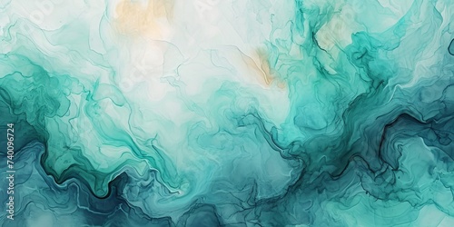 Abstract watercolor paint background illustration. Green turquoise color with liquid fluid marbled paper texture banner texture, Generative AI photo