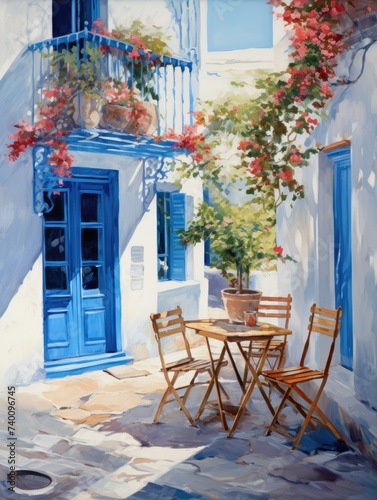 A detailed painting capturing the scene of a table and chairs set in front of a building, showcasing intricate details and colors.