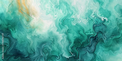 Abstract watercolor paint background illustration. Green turquoise color with liquid fluid marbled paper texture banner texture, Generative AI
