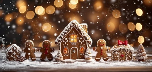 Christmas xmas advent gingerbread house celebration holiday greeting card. Gingerbreadhouse and gingerbread man white icing, dark night bokek snowflakes in the background. Generative AI photo