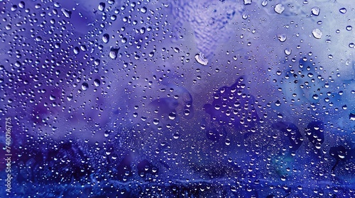 Melancholic Symbolism: Water Drops on Blue Glass Car Windshield, Rendered in Dark Purple and Light Navy photo