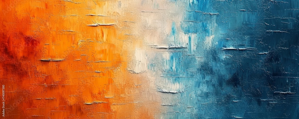 Closeup of abstract rough colorful orange blue art painting texture, with oil brushstroke, pallet knife paint on canvas, complementary colors, Generative AI