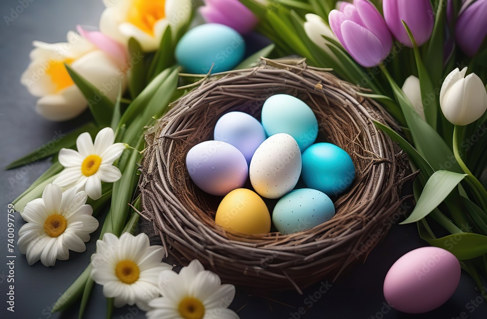 Obraz premium Happy Easter concept with easter eggs in nest and spring flowers. Easter background with copy space