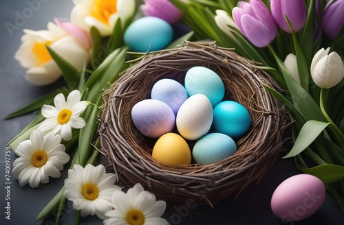 Happy Easter concept with easter eggs in nest and spring flowers. Easter background with copy space