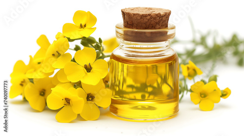 Sunflower oil or olive oil bottle, closeup, aromatherapy, seeds, white background.
