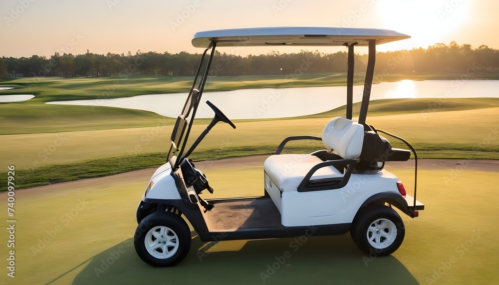 White golf cart parked on the golf course with morning sunlight