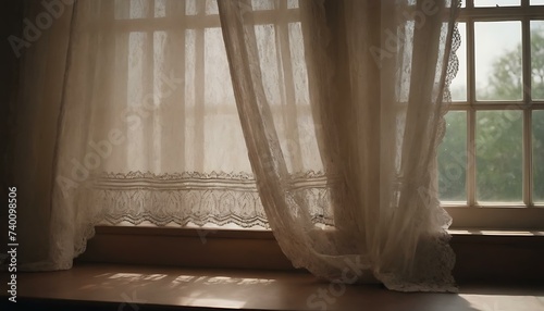 A pair of vintage, lace curtains gently swaying in an open window