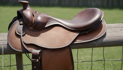 A classic, brown leather saddle resting on a fence
