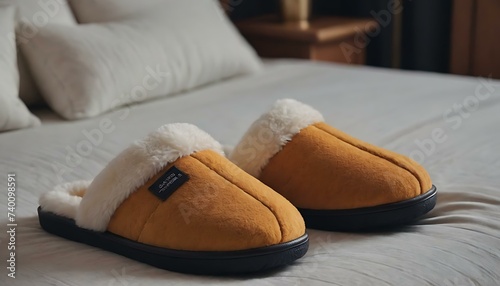 A cozy, fleece-lined pair of slippers beside a bed