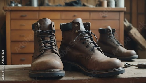 A pair of well-oiled, leather work boots in a workshop