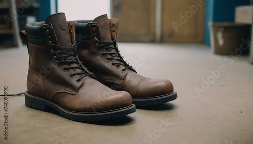 A pair of well-oiled, leather work boots in a workshop