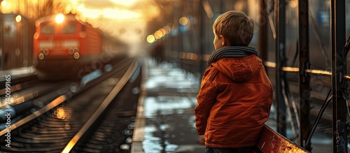 A little boy stands on an empty train track platform, his back turned as he gazes into the distance, dreaming of travel while his eyes are fixed on the rails.
