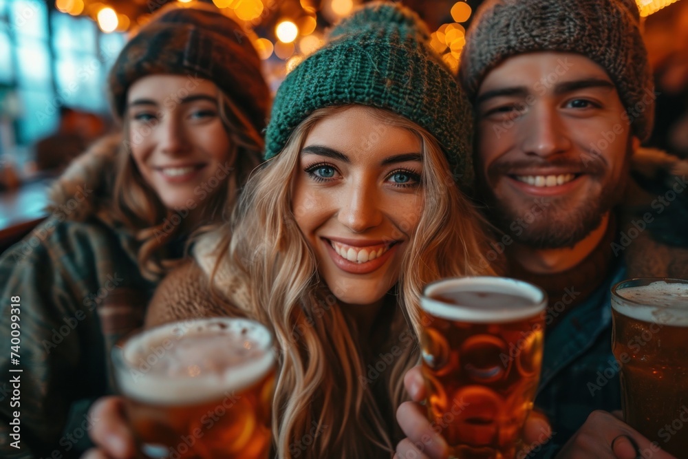 On St. Patrick's Day, a groups of people wearing various shades of green at the bar On St. Patrick's Day, a groups of people wearing various shades of green at the bar