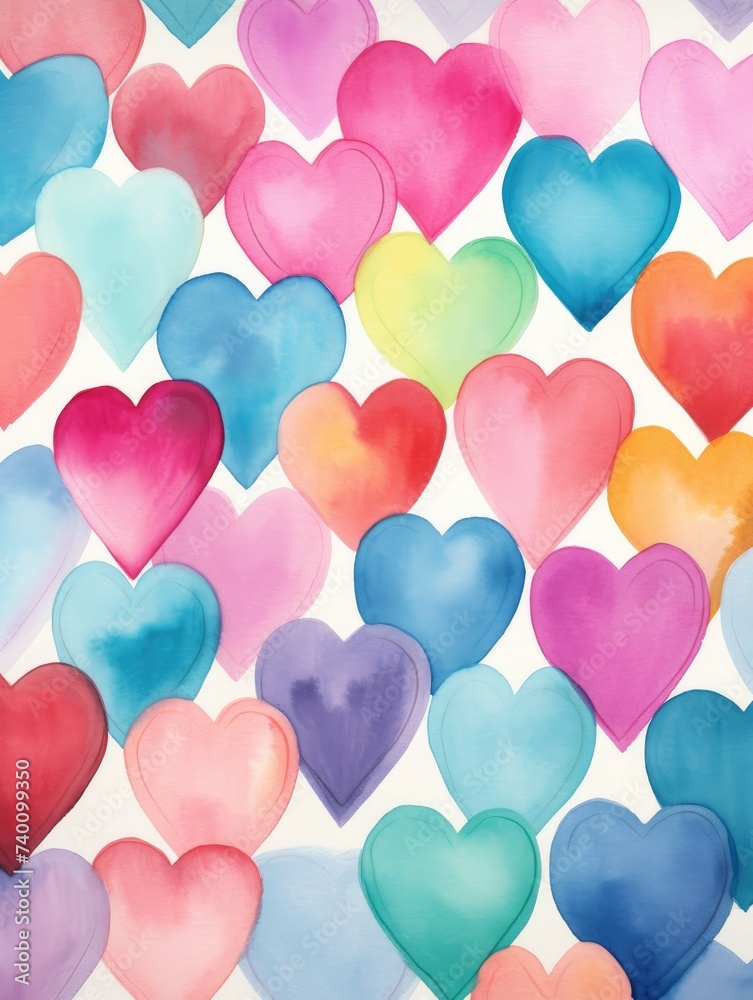 A painting featuring numerous hearts in various sizes and shades, displayed on a simple white background.