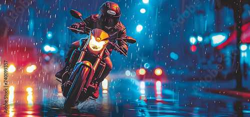 Motorcyclist rides down the street in the city at night