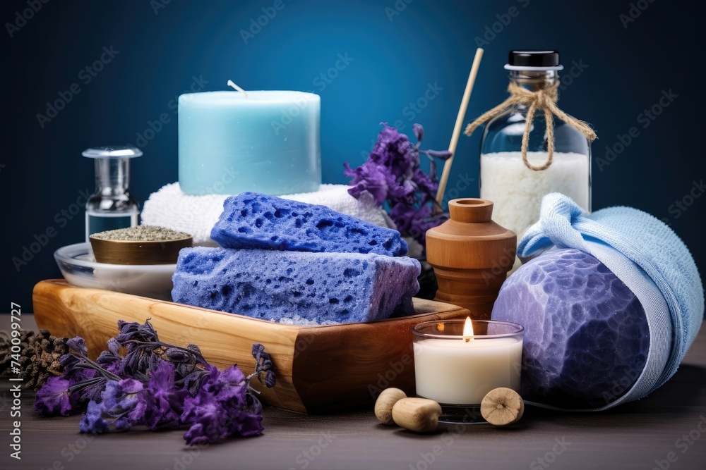 Assorted bath accessories including sea salts, loofahs, soaps, and masks in elegant packaging