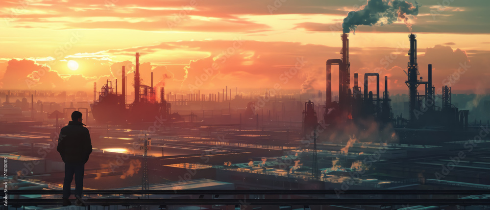 Fototapeta premium Worker Overlooking Techno Landscape on Cigarette Break