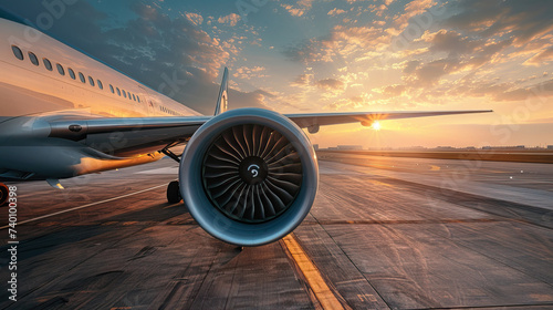 engine and wing of a modern passenger aircraft on the runway in sunlight close-up