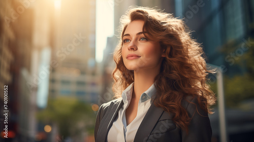 Young American woman stands with her arms crossed in the city against the backdrop of tall skyscrapers and looks away. Career and successful life concept