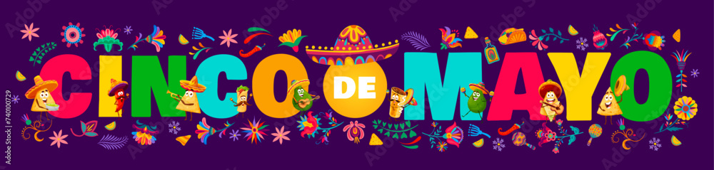 Cinco de Mayo typography with Tex Mex mexican cuisine characters and tropical flowers. Mexican national party flyer, Cinco de Mayo holiday vector banner with nacho chip, avocado and burrito, shawarma