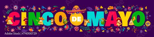 Cinco de Mayo typography with Tex Mex mexican cuisine characters and tropical flowers. Mexican national party flyer, Cinco de Mayo holiday vector banner with nacho chip, avocado and burrito, shawarma