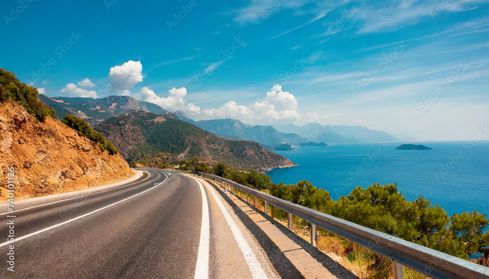 car driving on the road of Europe. road landscape in summer. it's nice to drive on the beachside highway. Highway view on the coast on the way to summer vacation. Turkey trip on beautiful travel road