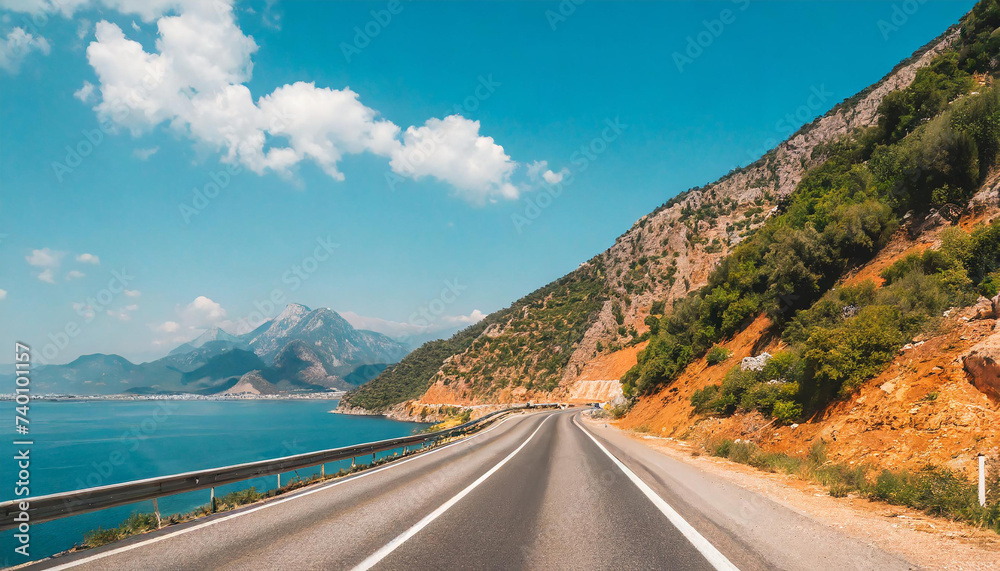 car driving on the road of Europe. road landscape in summer. it's nice to drive on the beachside highway. Highway view on the coast on the way to summer vacation. Turkey trip on beautiful travel road