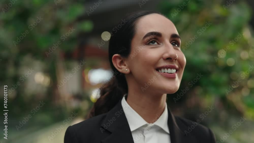 Happy Smiling Attractive Woman in Formal Clothes Walking and Looking Around. Happy Smiling Attractive Woman in Formal Clothes Walking and Looking Around.