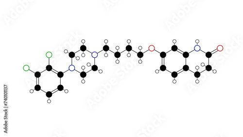 aripiprazole molecule, structural chemical formula, ball-and-stick model, isolated image atypical antipsychotic
